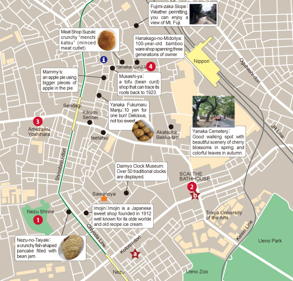 El mapa y las visitas a pie del distrito de Yanaka