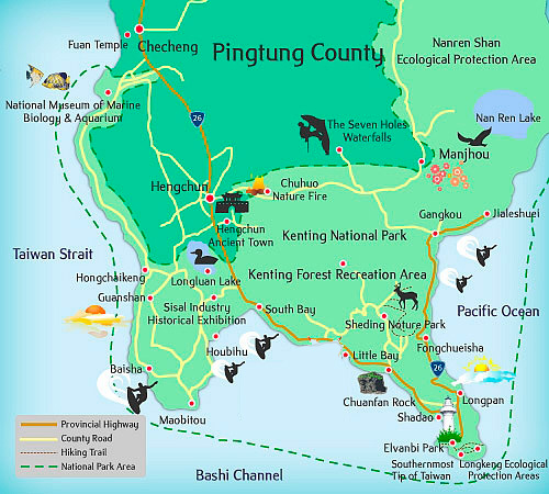 El mapa con las mejores playas del sur de Taiwán en la península de Kenting