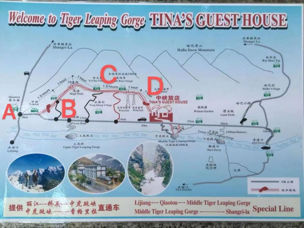 Mapa del trekking de la Garganta del Salto del Tigre en el Sur de China